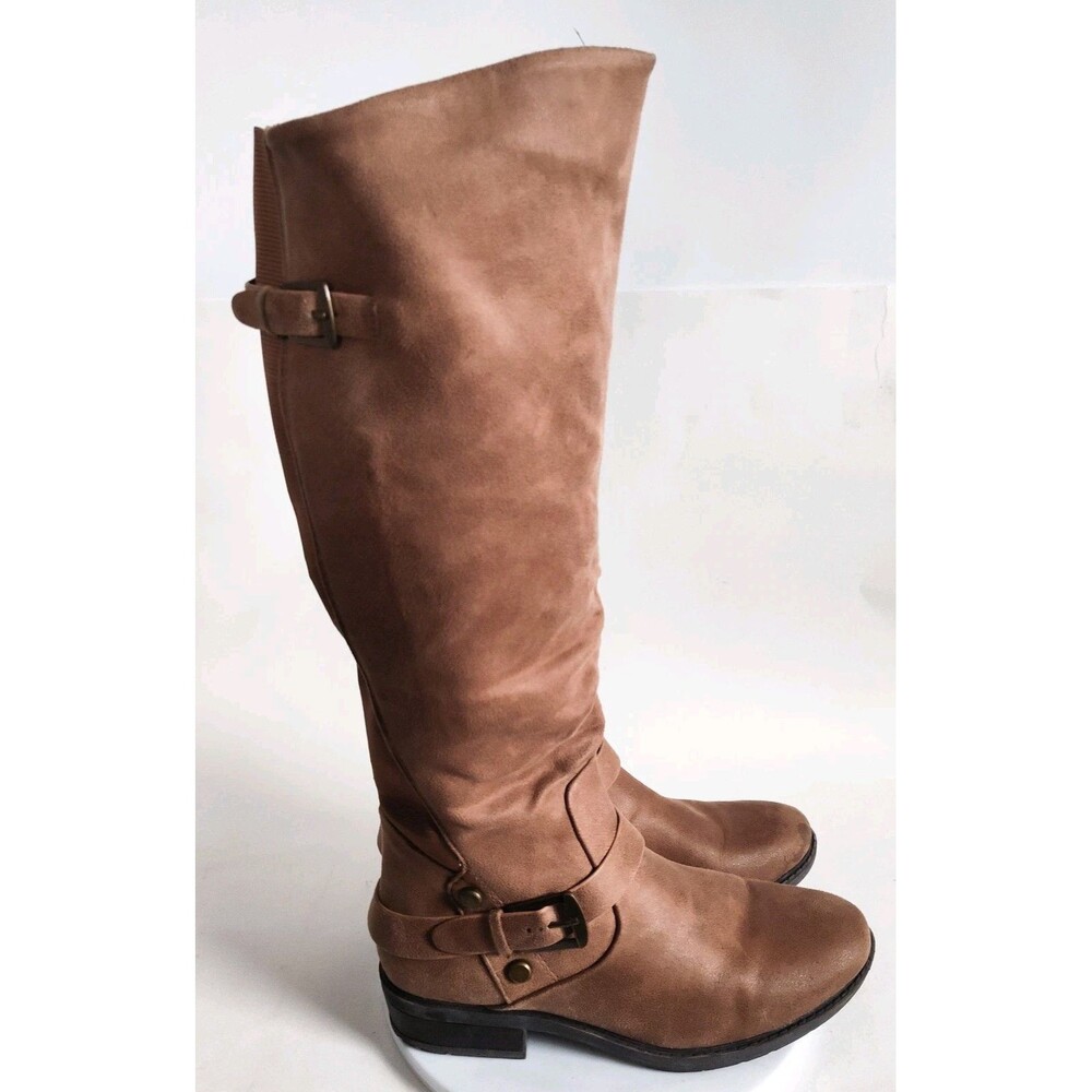 Baretraps Yanessa Size 6.5 Knee High Camel Tan Faux Leather Flat Riding Boots